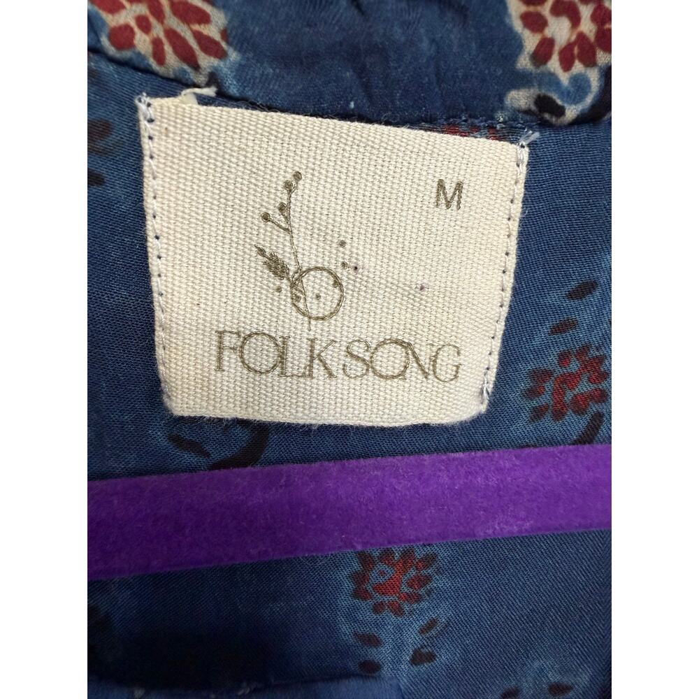 FOLKSONG Tunic Top Blue Floral Block Print Long Sleeve Boho Blouse Sz M - Picture 14 of 16